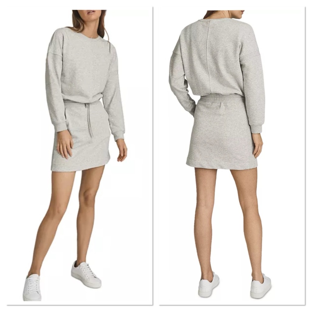 REISS Jetta Mini Sweater Dress Gray Long Sleeve Sz L Cotton Blend